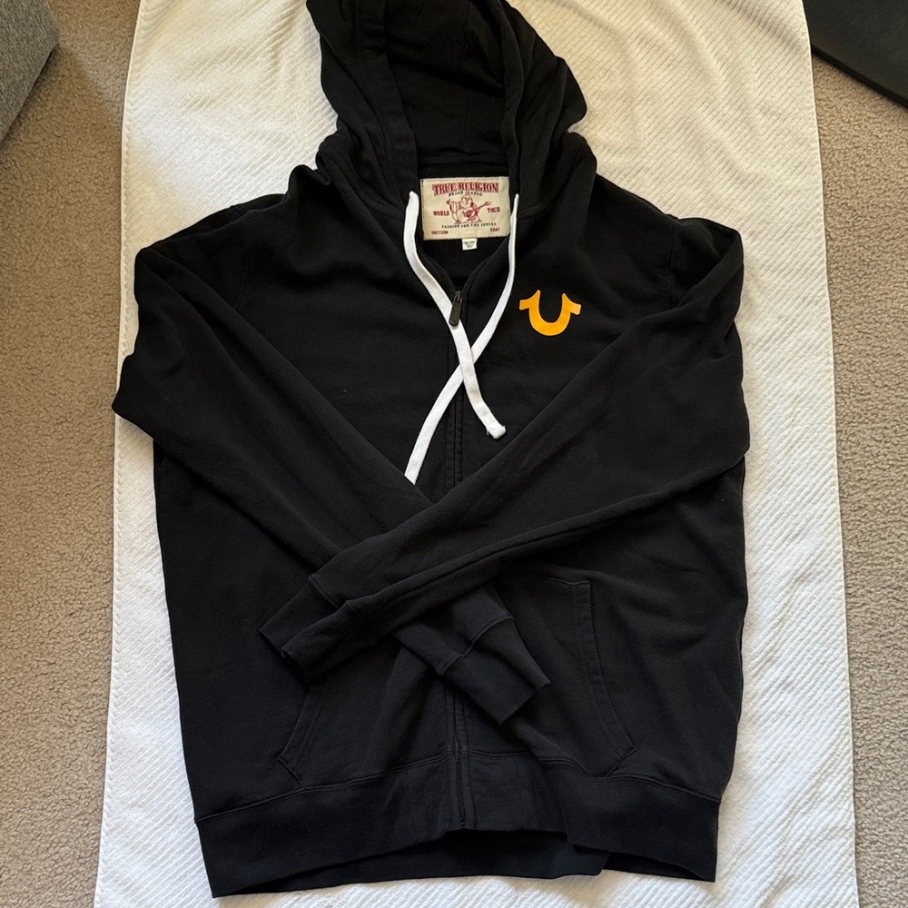 True Religion Black Zip-Up Hoodie with Gold Emblem